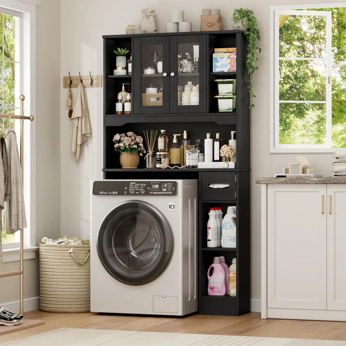 FOREHILL 173cm Mueble sobre Inodoro, Armario Baño, Gran Capacidad, Negro | Mueble Alto para Lavadora, Estanteria Baño, con Estante Ajustable, 2 Puertas, Soporte para Papel Higiénico, 89x20x173cm