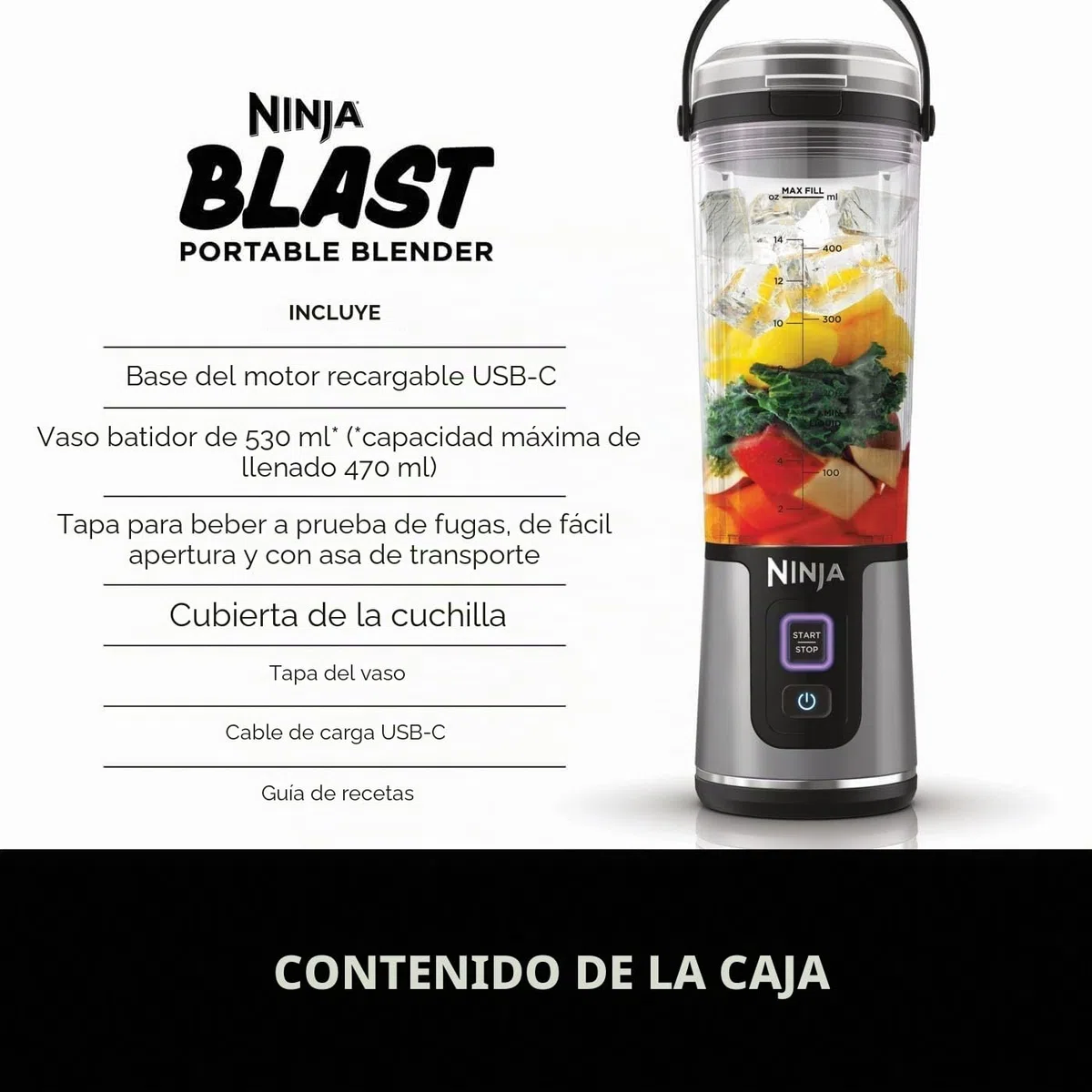 Ninja Blast BC151UKBK - Batidora portátil de 530 ml, tapa a prueba de fugas y boquilla para sorber, potente licuadora inalámbrica, recargable, batidos portátiles, batidos de proteínas, mezclas de