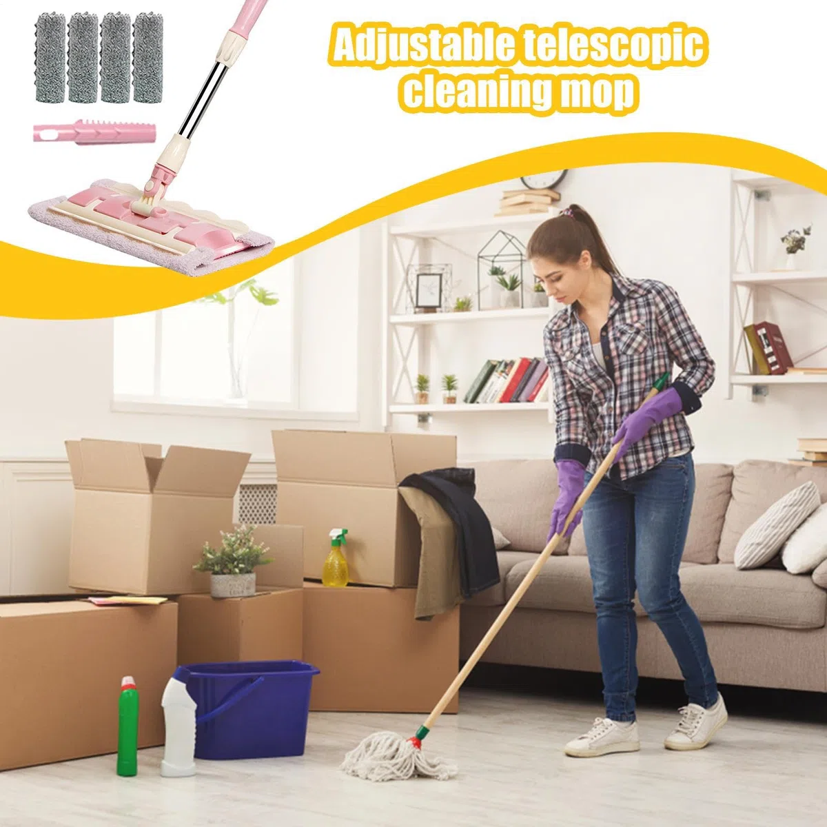 Mopa Plana Mango Telescópico Giratorio 360 Grados Con Raspador De Polvo | Mopa para seco y húmedo con 4 almohadillas lavables Raspador Incluido, Limpiador Para Suelos De Cocina, Baño, Garaje, Pati
