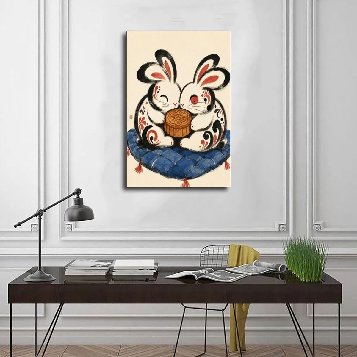 W7C8U2X3 Pareja de Conejos con Tambor Cuadro en Lienzo, Dormitorio | Festival Folclorico, Poster en Lienzo Entrada, Festival Folcloric, Pasillo, Arte Folk, Decoracion Salon, 24x36inch(60x90cm).