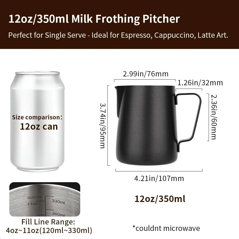 watchget - Jarra de espuma de leche de 350 ml, jarra de acero inoxidable para espumar leche, capuchino, latte, accesorios para máquina de café, jarra de leche, taza espumadora de leche, color negro