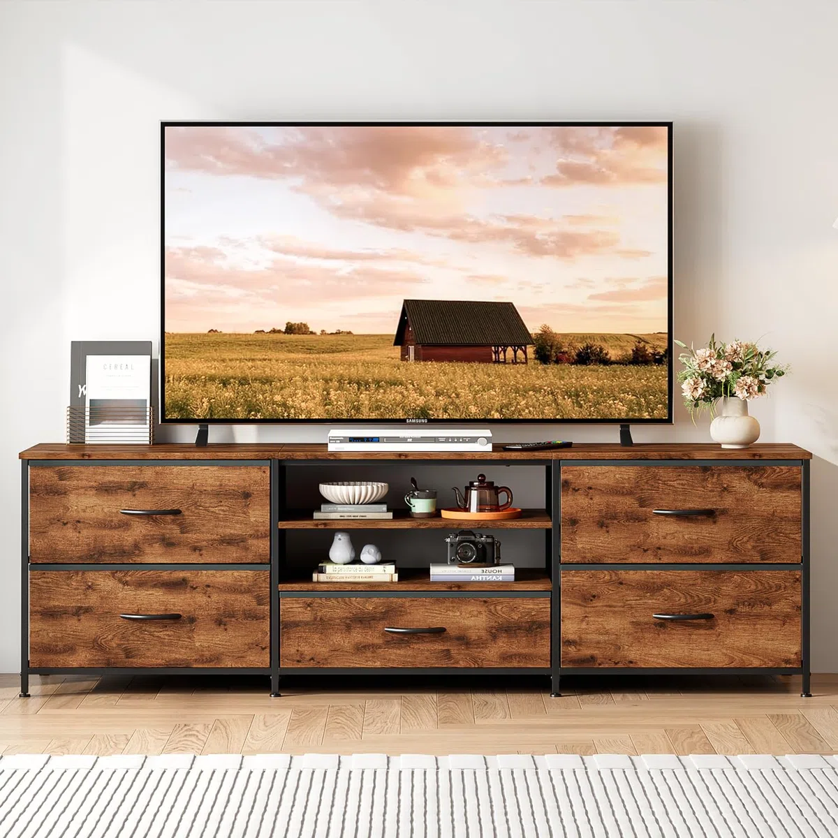 Mueble de TV, unidad de TV, consola de TV con 5 cajones, organizadores de almacenamiento, centro de entretenimiento con estante abierto para sala de estar, dormitorio (marrón)