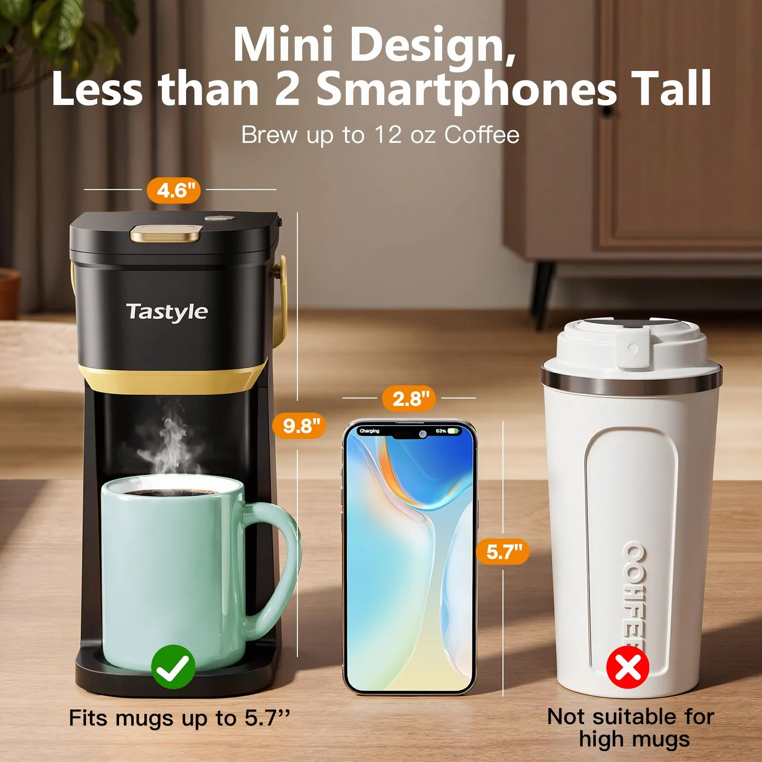 Tastyle - Cafetera de una sola taza para tazas K y molidos, mini cafetera con mango portátil, tamaño de cerveza de 6 a 12 onzas, para viajes, camping, oficina, RV y recámara, 120 V, negro y dorado