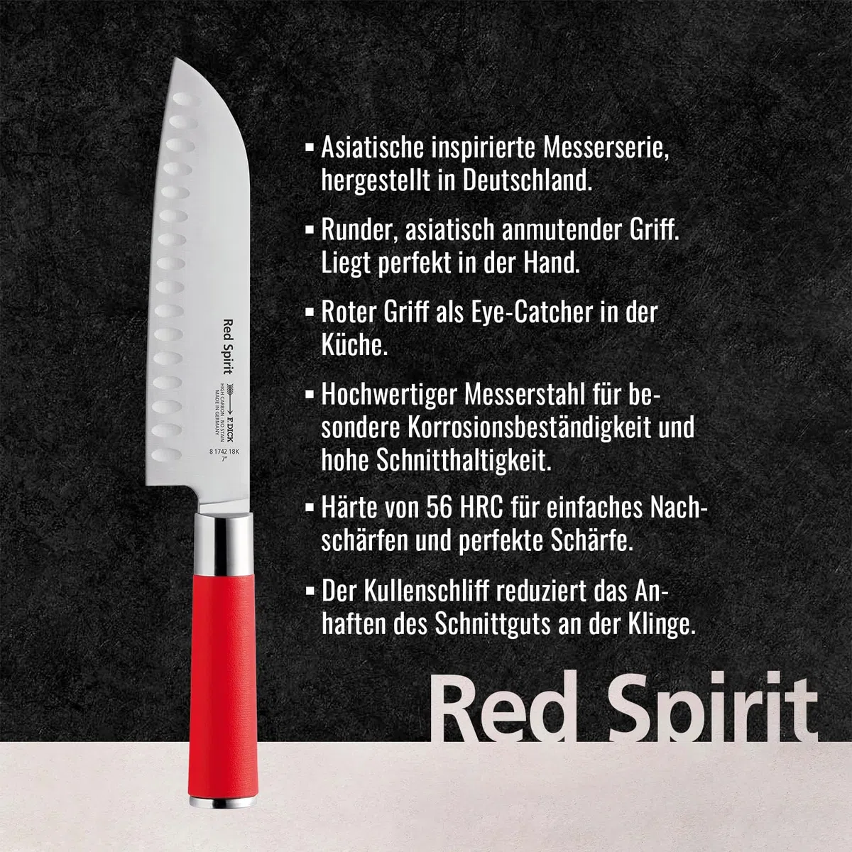 F. DICK Santoku, cuchillo de cocina asiático Red Spirit (cuchillo con hoja de 18 cm, acero X55CrMo14, inoxidable, 56 HRC) 81742182K