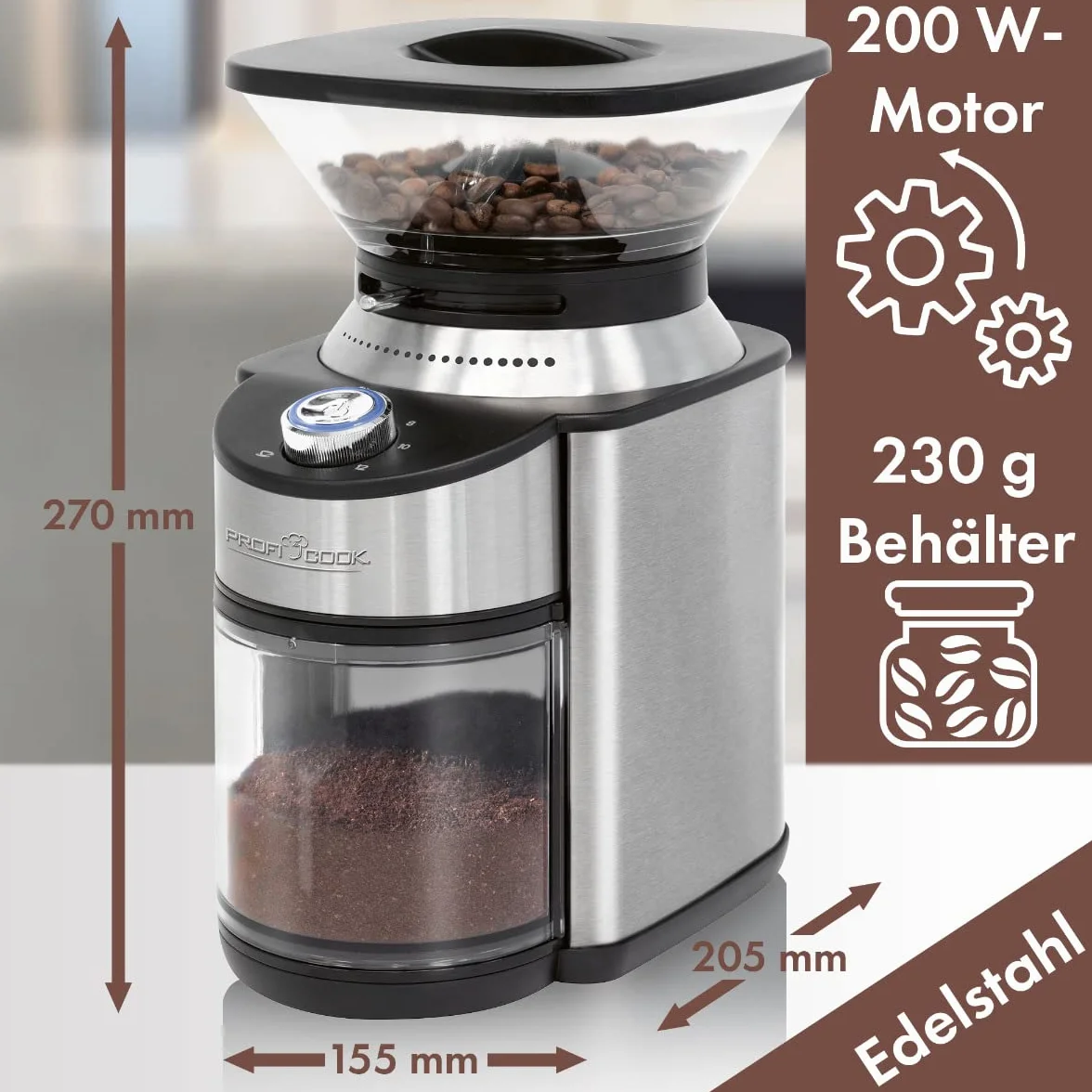 ProfiCook PC-EKM 1205 - Molinillo de café eléctrico, 200 W, 16 ajustes de grado de molienda, acero inoxidable, molinillo de café, hasta 230 g de granos de café, temporizador eléctrico