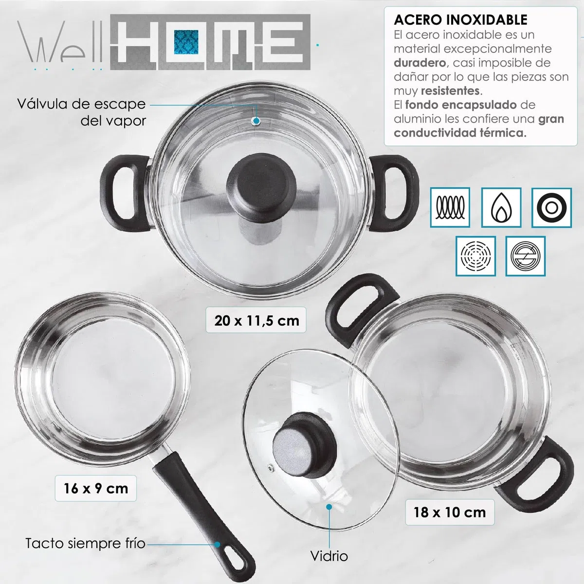 Well Home Pack Batería de cocina 5 Piezas en acero inoxidable + Sartenes Ø16Ø20Ø24Ø28cm Aluminio prensado Cobre metalizado