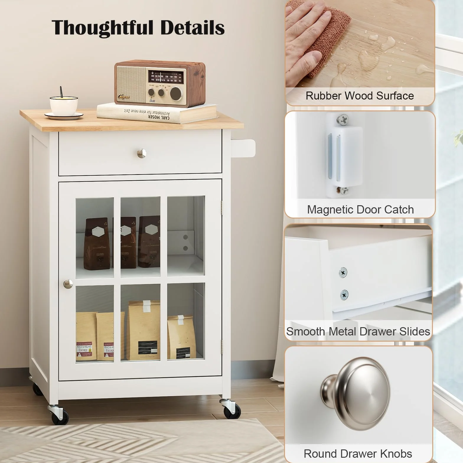 KOMFOTTEU Carrito de Cocina con Ruedas, Carro de Servicio con Cajón, Puerta de Vidrio Templado, Toallero, Tablero de Madera de Caucho, Mesa de Bar Móvil con Estante Ajustable para Salón