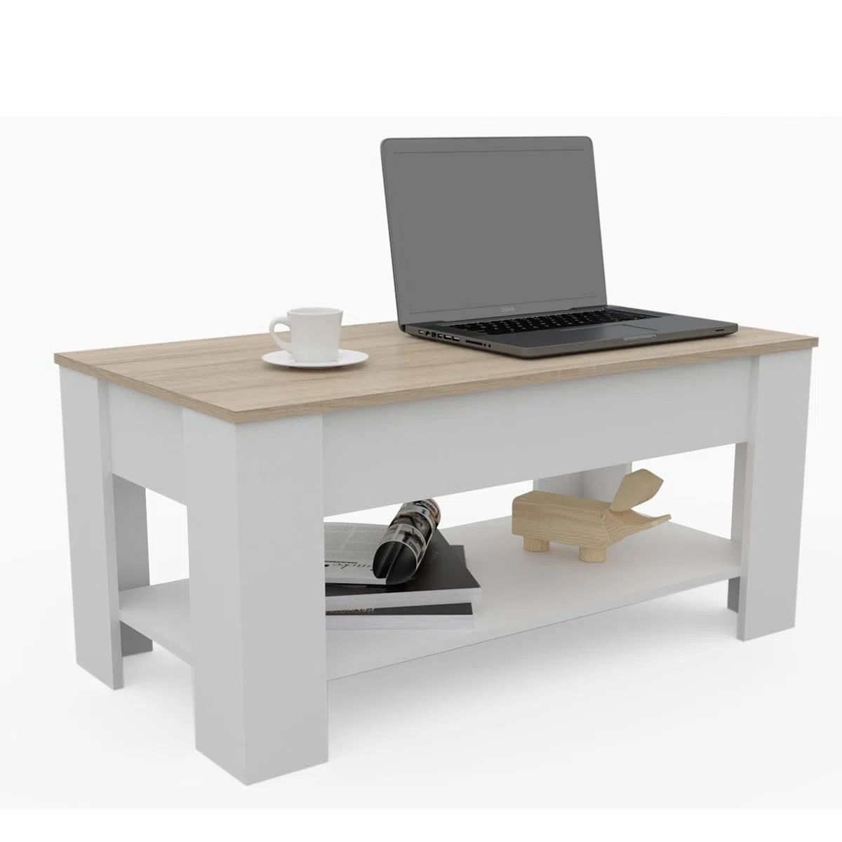 DORMIDAN- Mesa de Centro elevable con Revistero, Comedor o Auxiliar, Mayor Estabilidad. (Blanco Tapa Roble)