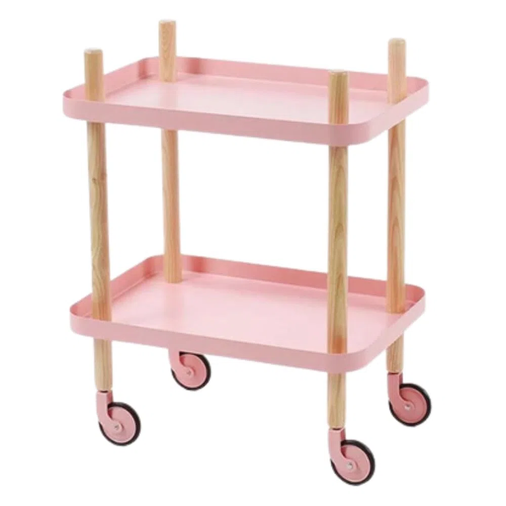 Craftelier - Carrito Auxiliar de Organización con Ruedas - Diseño de Madera con 2 Bandejas Metálicas para Almacenaje de Objetos de Manualidades, Costura Rosa | 63 x 56 x 35,5 cm