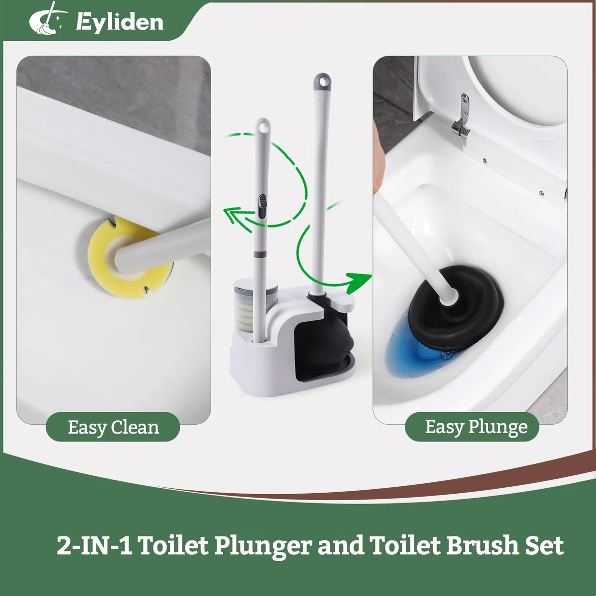Eyliden Kit de varita de inodoro y émbolo, con 10 recambios, cepillo de inodoro desechable y émbolo con juego de soporte, cabezal de esponjas de limpieza de cambio rápido, juego de cepillos compactos