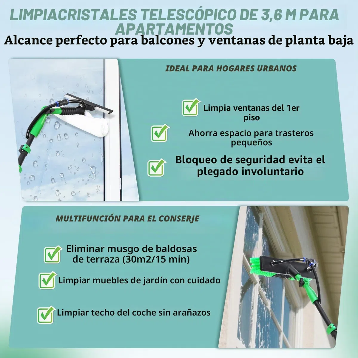 Limpiador de ventanas telescópico, 3,6 m, juego profesional de cepillo de lavado, pulverizador con depósito de espuma, extractor y 10 accesorios