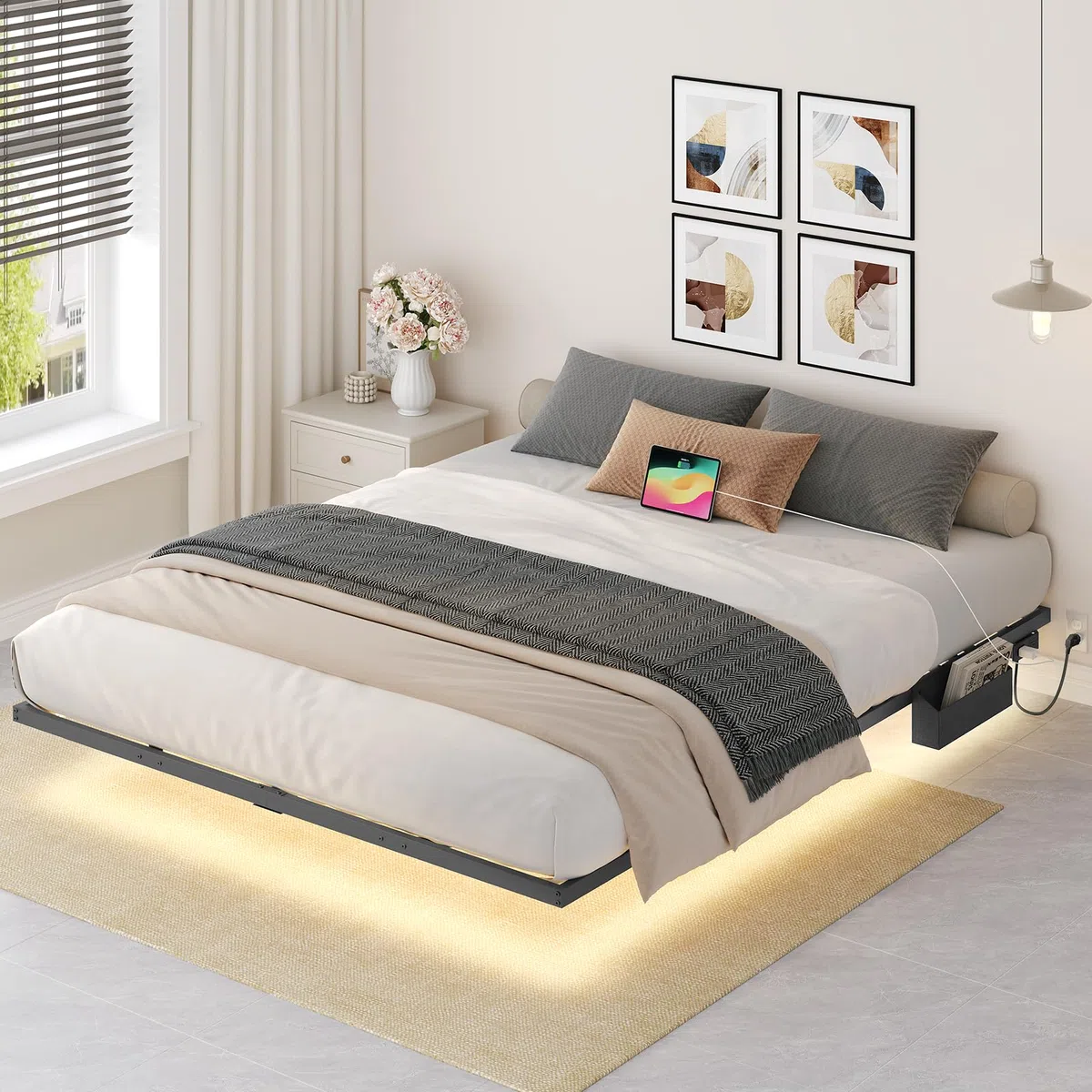 MAHANCRIS Marco de Cama de 160 x 200 cm con Base de Carga y Tiras LED, Marco de Cama de Metal Flotante, Cama Doble, para Dormitorio de Invitados, Color Negro ABFBK538UE01