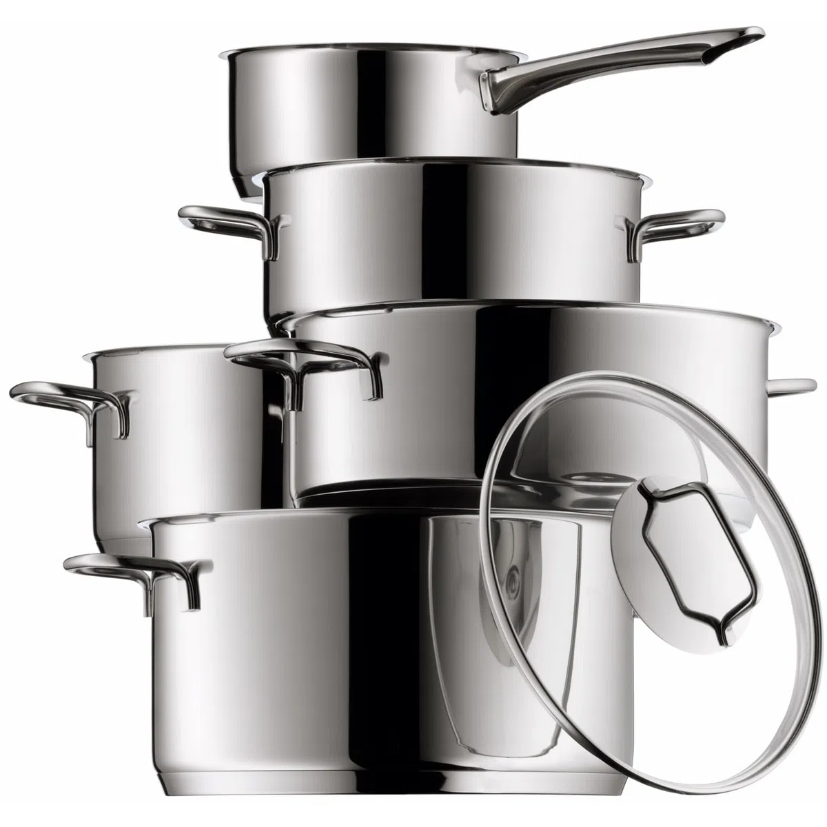 WMF Astoria - Batería de Cocina de 5 Piezas, Ollas Altas con tapas (16/20/24 cm), Olla baja con tapa (20 cm), Cazo (16 cm), Cromargan Acero Inoxidable pulido, Apto para Inducción
