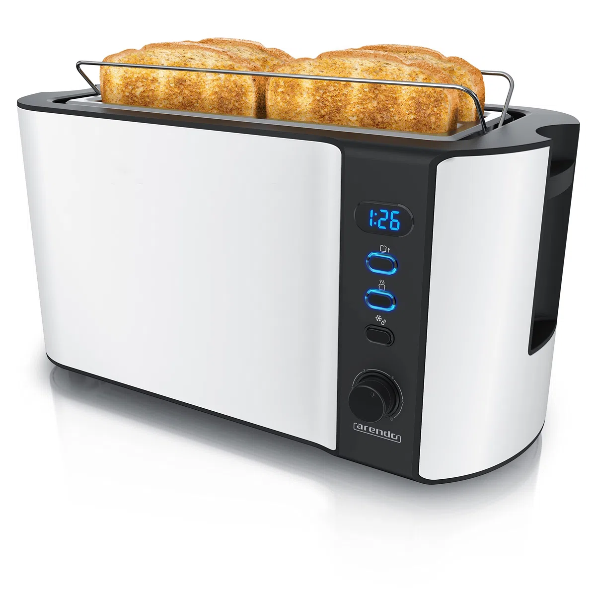 Arendo - Tostadora 4 rebanadas con ranuras largas - 1500 W - 6 niveles - Pantalla indicadora - Descongelación y calentamiento - Soporte panecillos - Bandeja de migas - Doble pared - Acero inoxidable