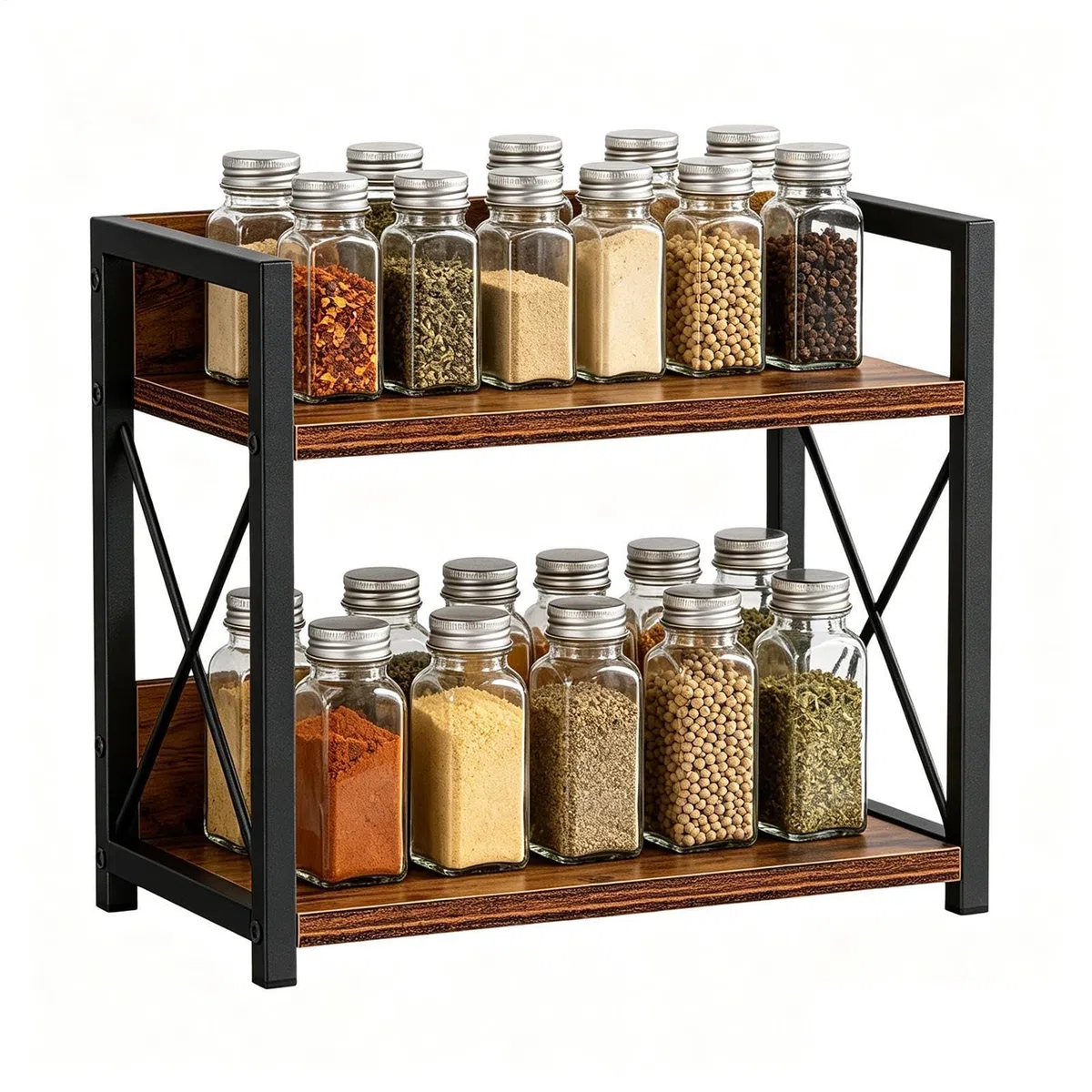 Generisch Estante de especias - Organizador de armario de cocina de 2 niveles de hierro y madera, organizador de condimentos para la encimera, organizador de esquina para despensa, hogar, baño, salón
