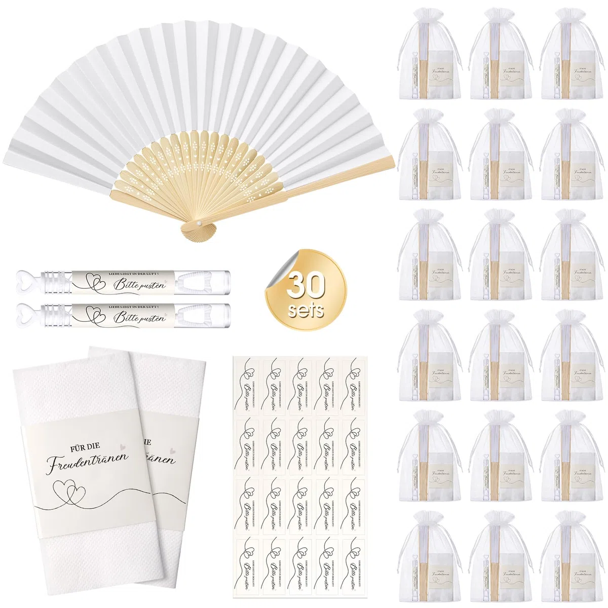 BBTO 30 Sets de Recuerdos para Bodas Abanicos para Bodas Burbujas Lágrimas de Alegría Pañuelos de Pañuelo con Pegatinas de Burbujas con Bolsitas de Organza para Invitados, Fiestas de Cumpleaños