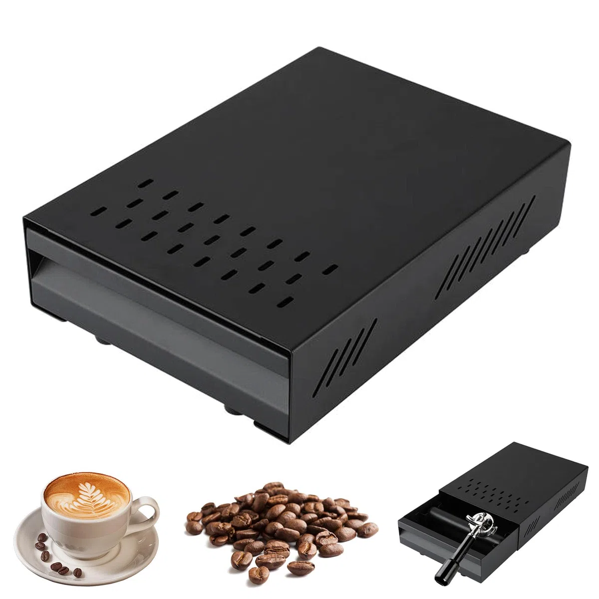 Recipiente para café, 35 x 25 x 8 cm Caja de Acero Inoxidable para Máquina Portafiltro de Café Expreso Portafiltro para Molinillo de Café Cajón Grande para Café, Negro