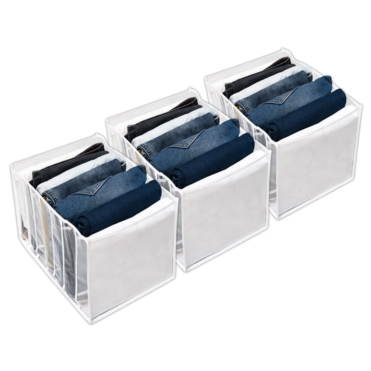 Kuber Industries Organizador de tela para armario, organizador de cajones de PVC de 0.40 mm, 7 rejillas plegables, transparente para camisetas, pantalones, calcetines, paquete de 3, color blanco
