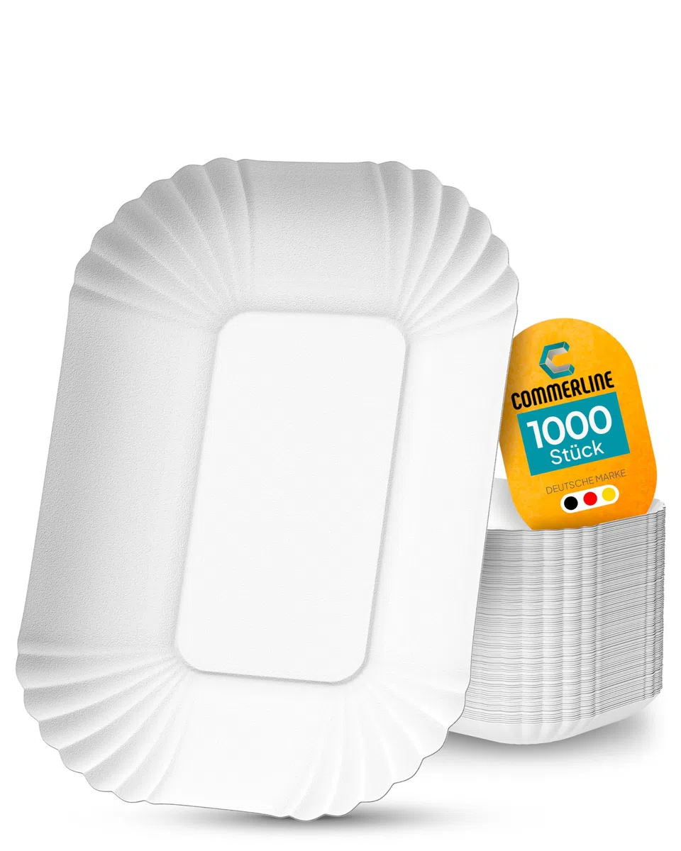 Commerline Platos de Papel 1000 Unidades | KU41 13x17,5x3 cm | Cuencos Rectangulares para Patatas Fritas | Plato Desechable | Platos de Fiesta | Para Tartas | Plato de Cartón
