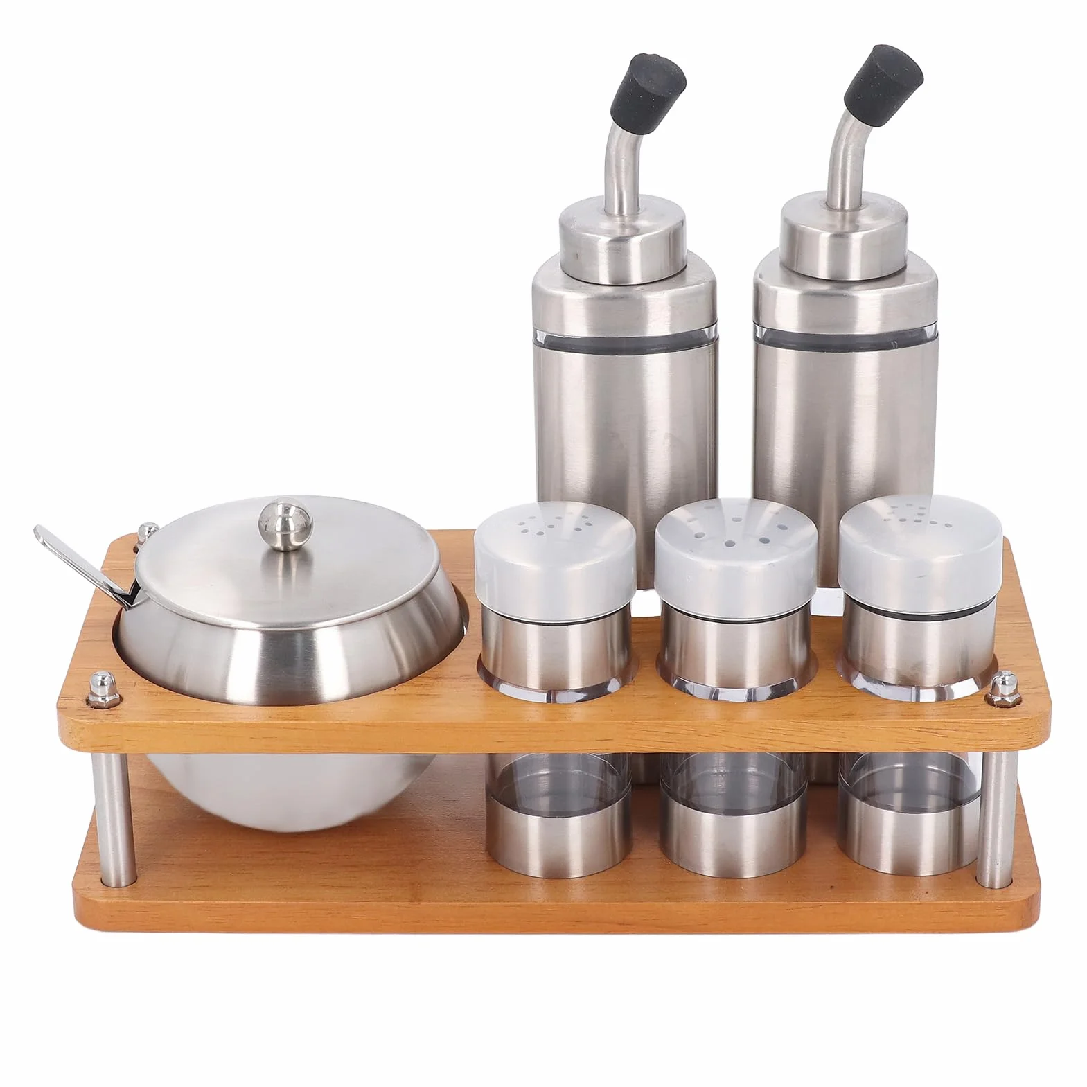 Juego de Dispensadores Condimentos para Vinagre, Sal y Pimienta, Juego Botellas Aceite y Vinagre con Base Estante Madera, Coctelera Plástico Acero Inoxidable Cocina,Almacenamiento