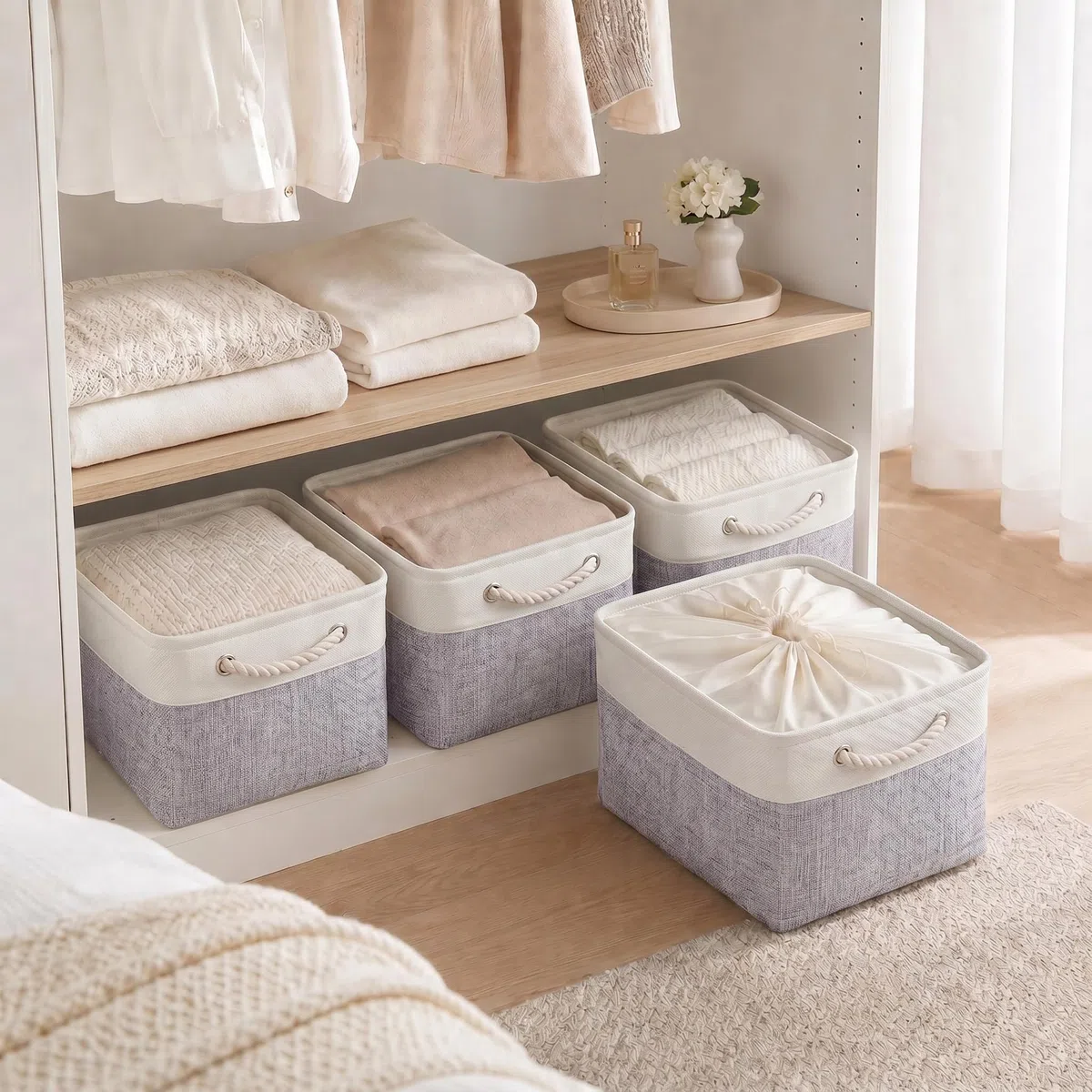 Mangata Juego de 4 cajas de almacenamiento XXL, canastas de almacenamiento de tela de lona con asas para armarios, armarios, estantes, baño, ropa, juguetes, toallas (50 x 40 x 30 cm, gris blanco)