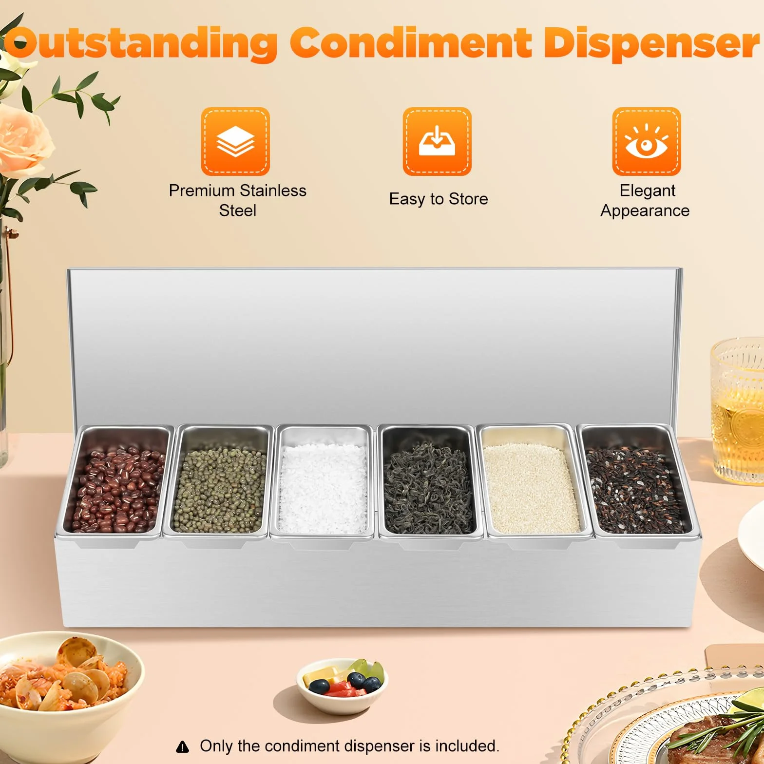 Dispensador de condimentos con tapas abatibles for cocinas y restaurantes, organizador de especias y salsas de acero inoxidable for preparación de alimentos limpios y fácil acceso