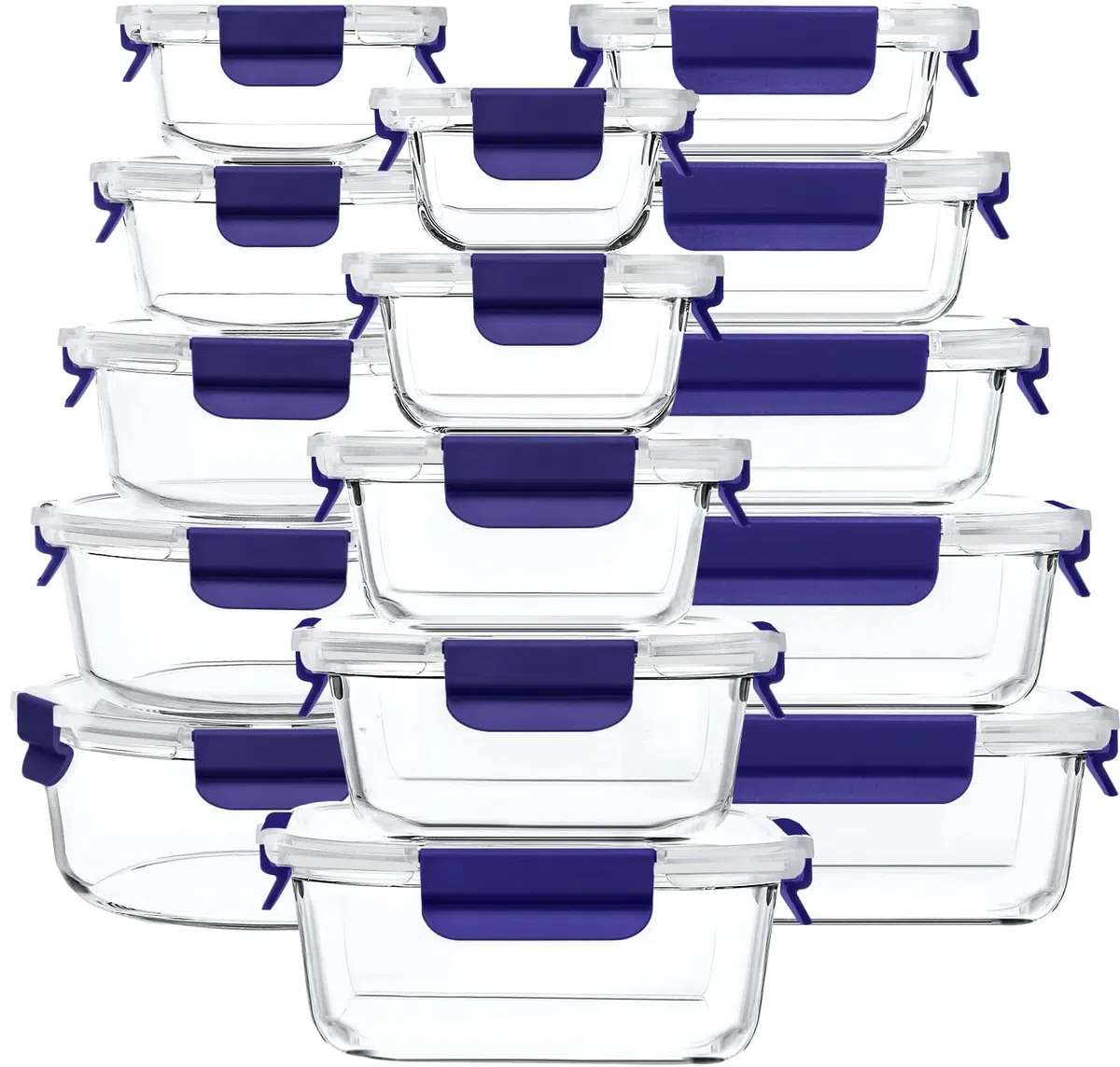 Meal Prep Cajas de cristal, tarros de cristal con tapa, juego de recipientes herméticos con tapa a prueba de fugas, para microondas, congelador y fregadero, 15 unidades, color azul
