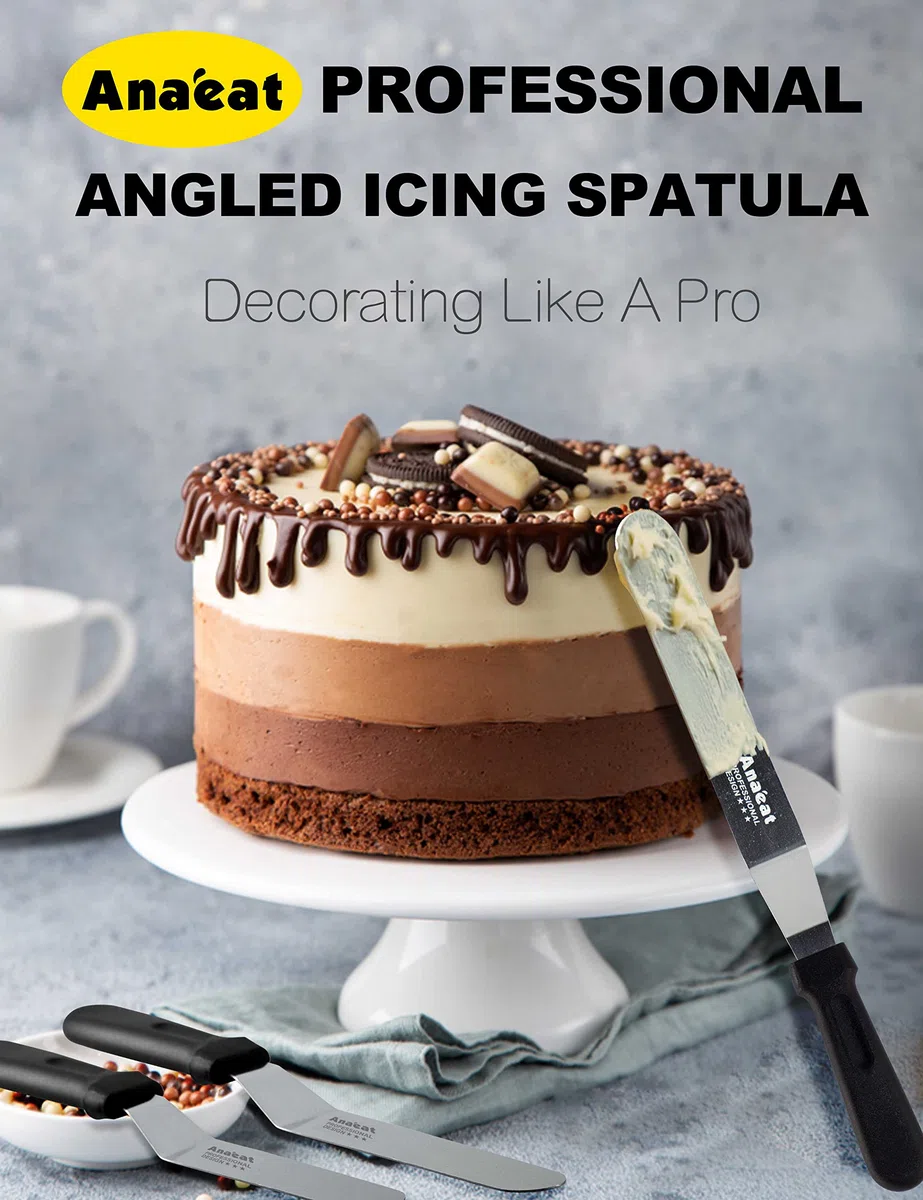 Anaeat Espátulas de glaseado, 3 espátulas profesionales en ángulo con cuchillas de acero inoxidable de 6, 8, 10 pulgadas y 4 raspadores alisadores de pasteles para decoración de pasteles, hornear y