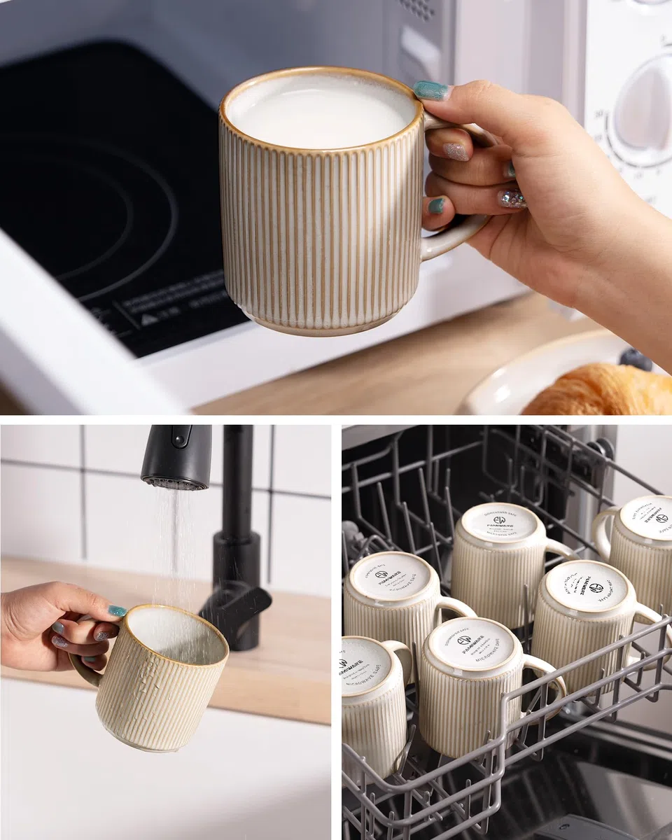 famiware Juego de tazas de café para 6, tazas de catering de 12 onzas con asa para café, té, cacao, leche, capuchino blanco