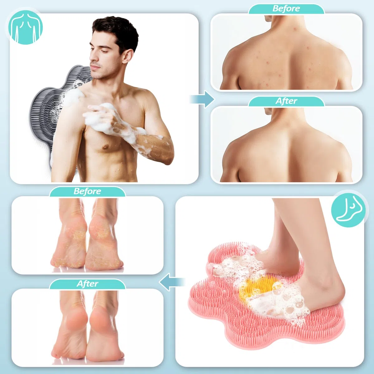 Juego de alfombrilla de silicona para pies de ducha y limpiador corporal de silicona, limpiador de espalda grande montado en la pared para limpiar, exfoliar y masajear sin doblarse (gris +