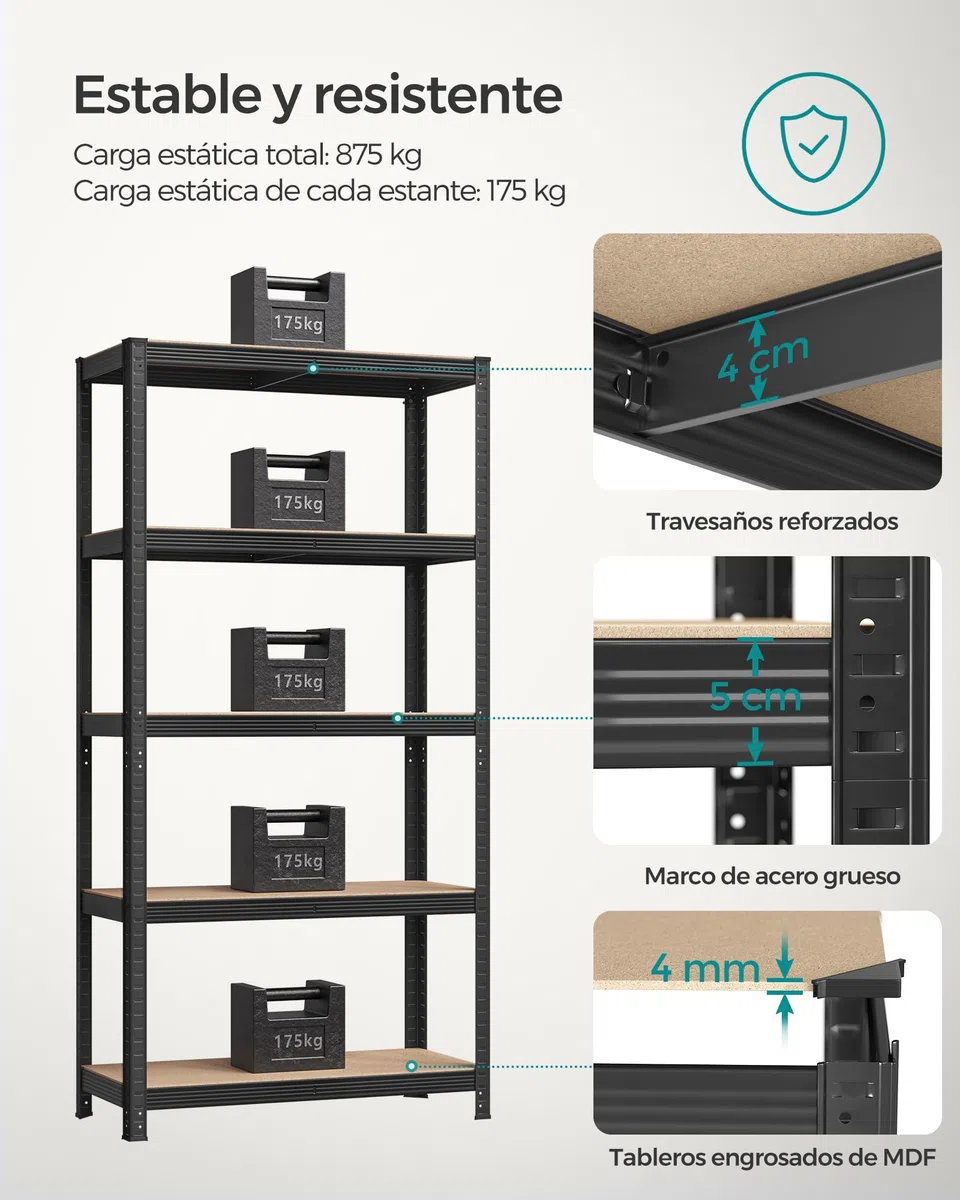 SONGMICS Estantería Pesada de 5 Niveles, Estantería de Acero, Montaje Rápido, Garaje, Almacén, Trastero, Carga de 875 kg, 40 x 270 x 180 cm, Negro GLR040B03