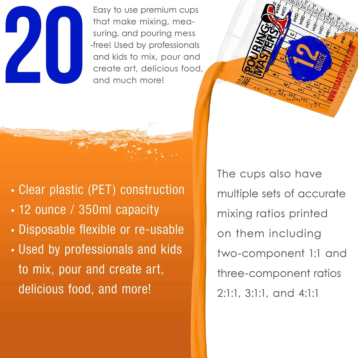Pouring Masters Vasos de mezcla de plástico graduados de 350 ml (caja de 20) – Vasos de mezcla de pintura para resina epoxi, arte, cocina, horneado – Medidas en onzas y ml, 4 proporciones de medición