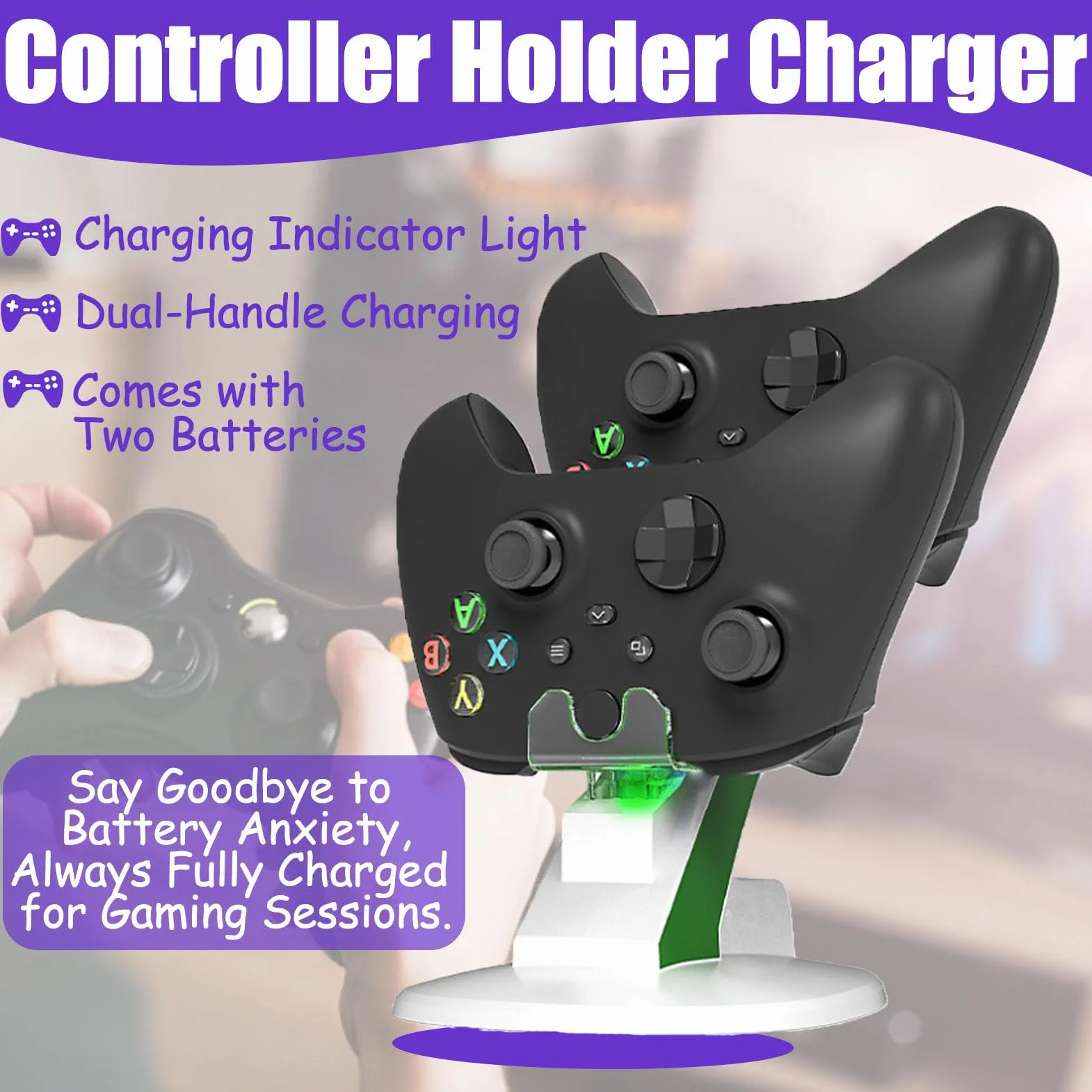 Base de Carga con asa, Controlador de Carga Doble con 2 baterías Recargables, estación de Carga con indicador LED. (White)