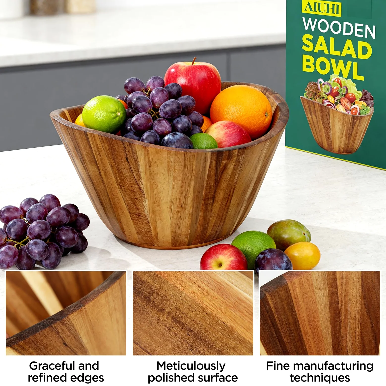AIUHI Cuenco de madera de acacia de 12 pulgadas, regalo de Navidad, impresionante grano, perfecto para reuniones de Navidad, Acción de Gracias, decorativo para cocina, ideal para ensaladas, aperitivos