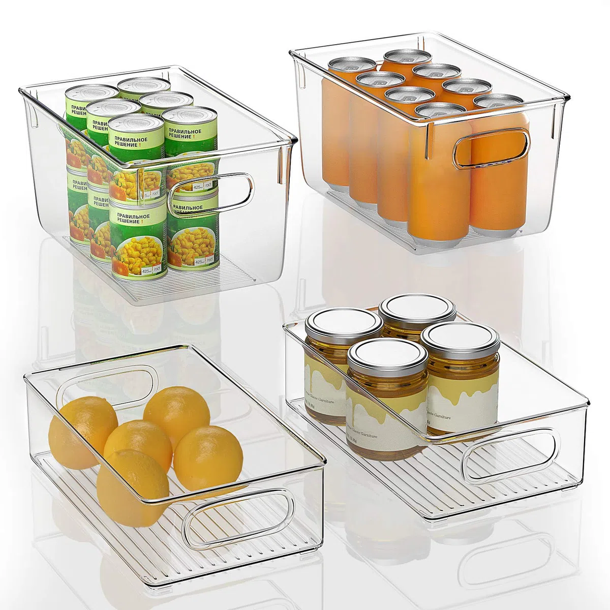 Finew Juego de 4 Cajas de Almacenaje de Refrigerador Apilables, Organizadores Transparentes Plásticos Apilables de Nevera, para Cocina Despensa Gabinete Baño Armario Cajón - 2 Grandes / 2 Medianos