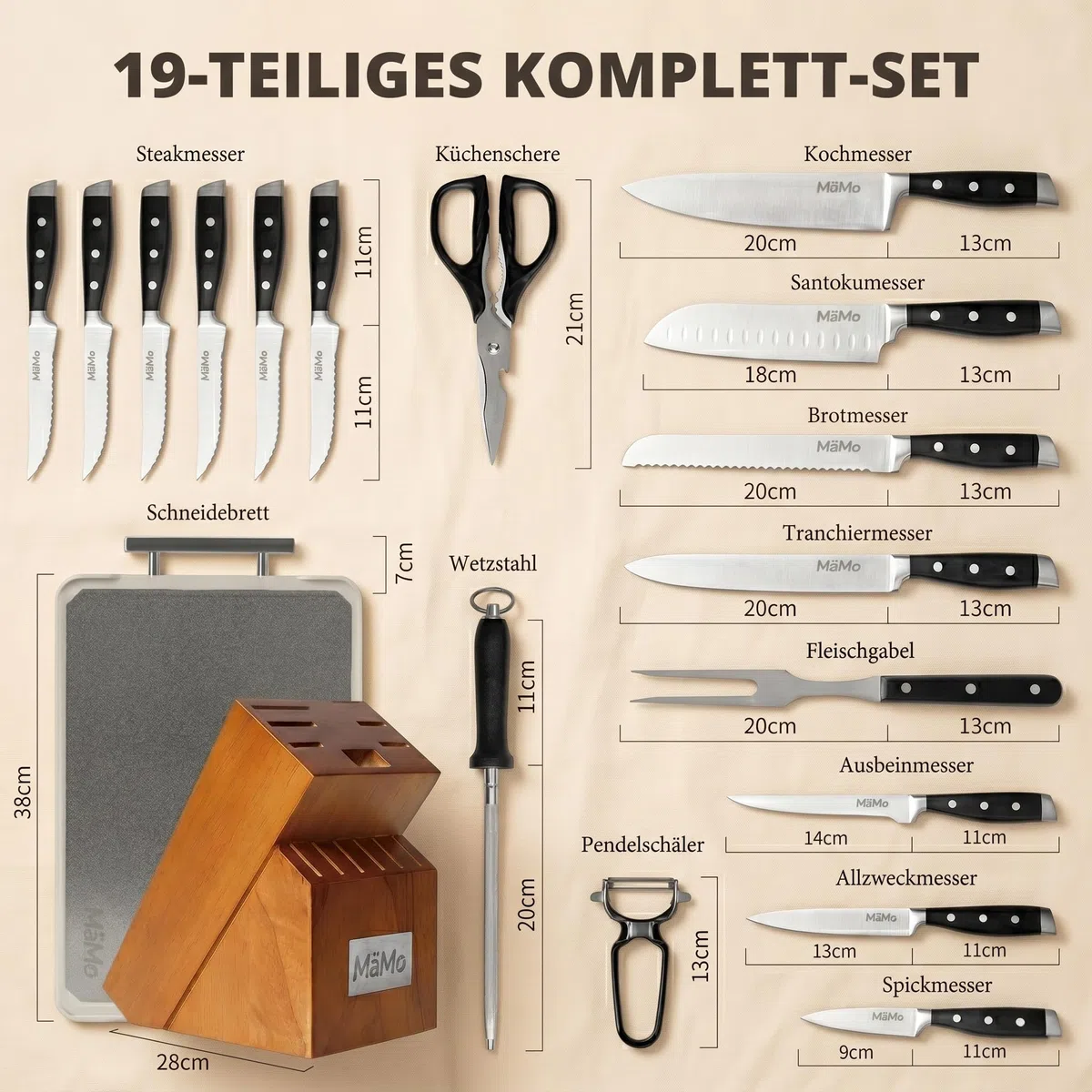 Juego de 19 cuchillos con bloque de cuchillos y tabla de cortar de titanio, juego profesional de cuchillos de cocina de acero inoxidable con cuchillo de chef, cuchillo Santoku, 6 cuchillos de carne