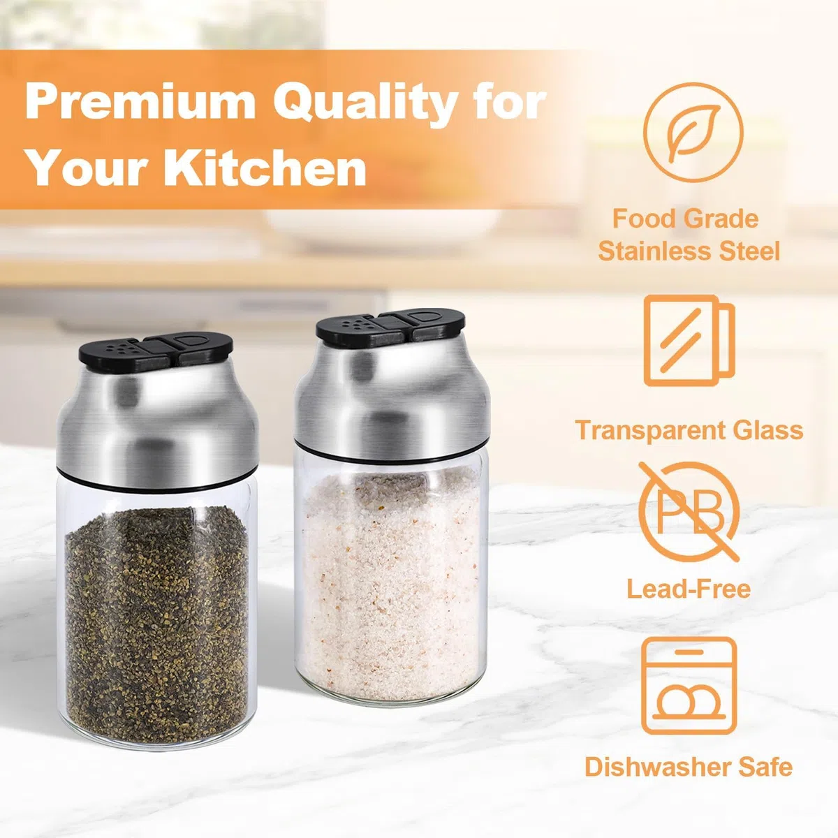 Aelga Juego de salero y pimentero, salero de vidrio de 5 onzas con agujeros de vertido ajustables, dispensador de azúcar con tapa de acero inoxidable, elegantes accesorios de mesa de cocina