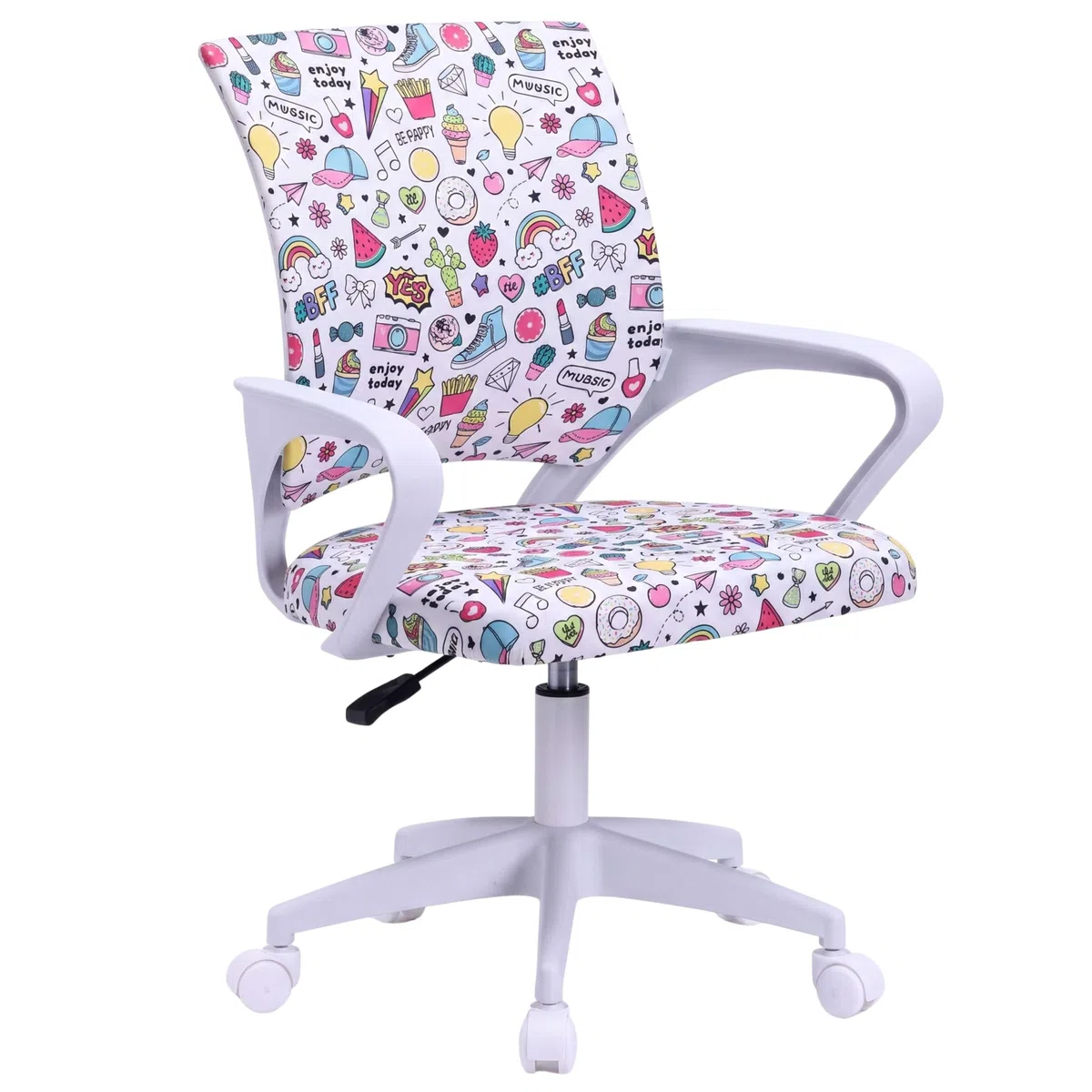 Miroytengo Silla de Escritorio Juvenil Vita Emojis, Altura Regulable, Tela Estampado, Reposabrazos Blanco