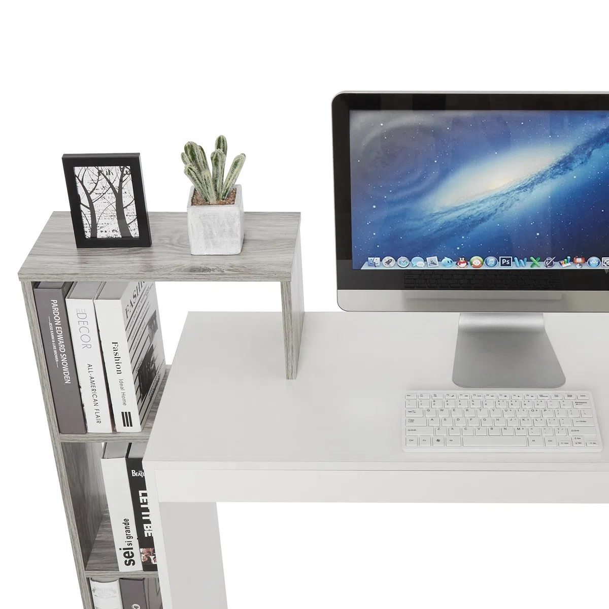 Mondeer Escritorio, Mesa de Ordenador con Estante de Almacenamiento de 3 Niveles, Ahorro de Espacio, para Oficina Estudio Estación de Trabajo, 110 x 40 x 92 cm, Blanco y Gris