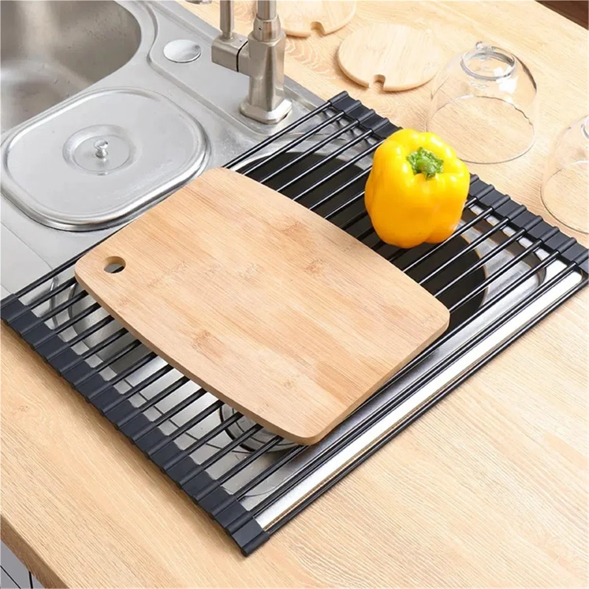 Escurridor de Platos Rejilla de Almacenamiento for Cocina, Rejilla for Filtro Silicona, Drenaje Plegable, Fregadero con persiana Enrollable Acero Inoxidable, for Cuencos y Palillos(B1)