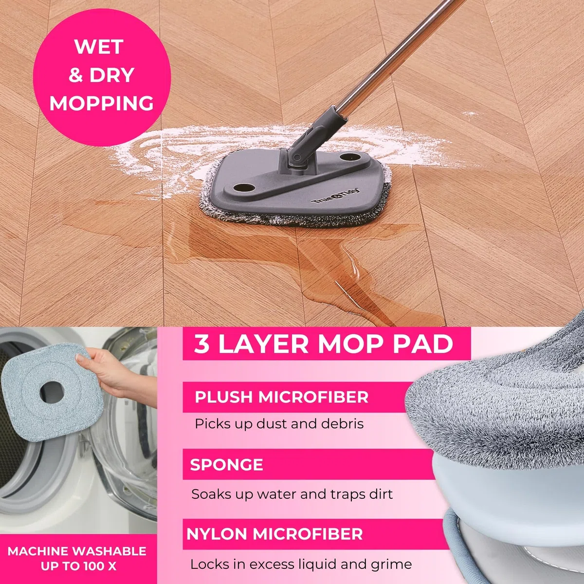 Mopa giratoria Cuadrada Resistente para Limpieza de Suelos, Compartimento Separado para Agua Limpia y Sucia, Utiliza Cualquier solución de Limpieza, autolimpieza, Almohadillas Lavables a máquina