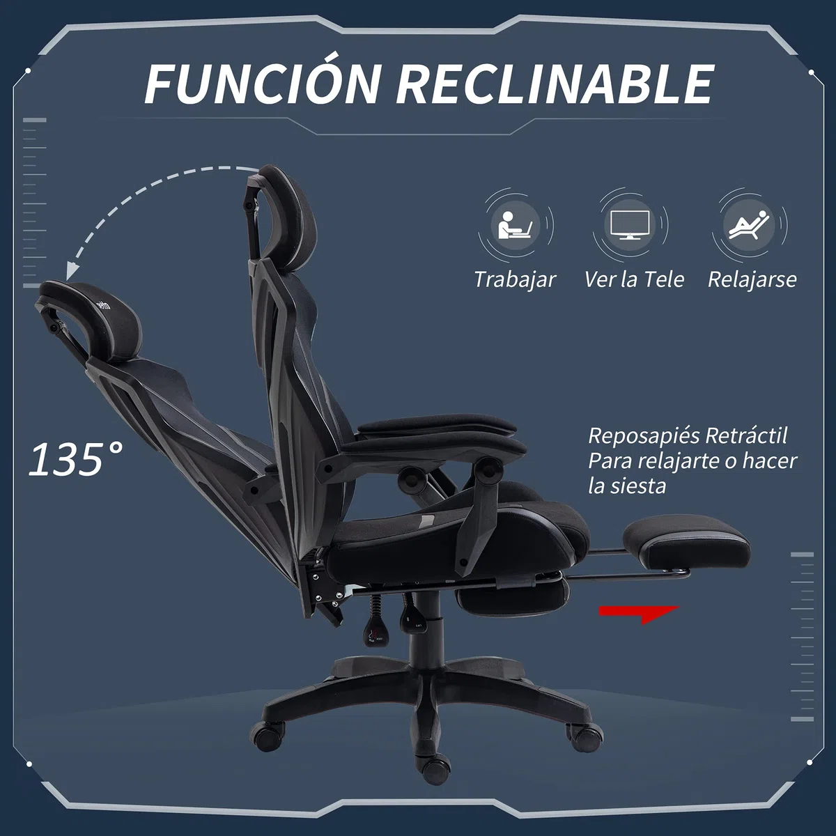 Vinsetto Silla Gaming con Reposapiés Retráctil 65x65x119-129 cm Negro | Silla de Oficina Giratoria Reclinable, con Reposacabezas, Altura Ajustable