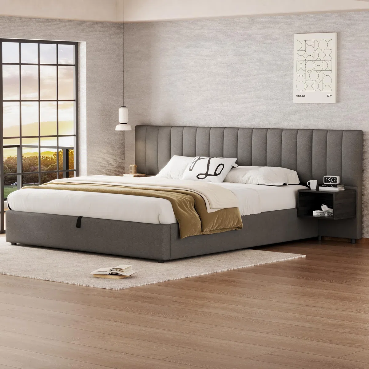 Cama Tapizada 180 x 200 cm con Almacenaje Hidráulico y Dos Mesillas con Cajones, Somier de Láminas de Madera, Cama para Dormitorio de Adultos y Jóvenes, Fácil Montaje, Tela Lino, Gris y Negro