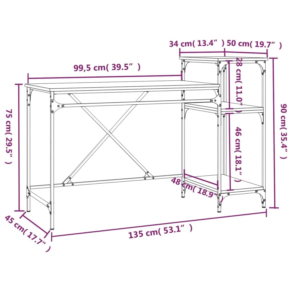 Escritorio de 135 x 50 x 90 cm de estilo industrial de madera con marco de hierro, 3 estantes para un amplio espacio de almacenamiento, gran superficie de trabajo y soporte de pared