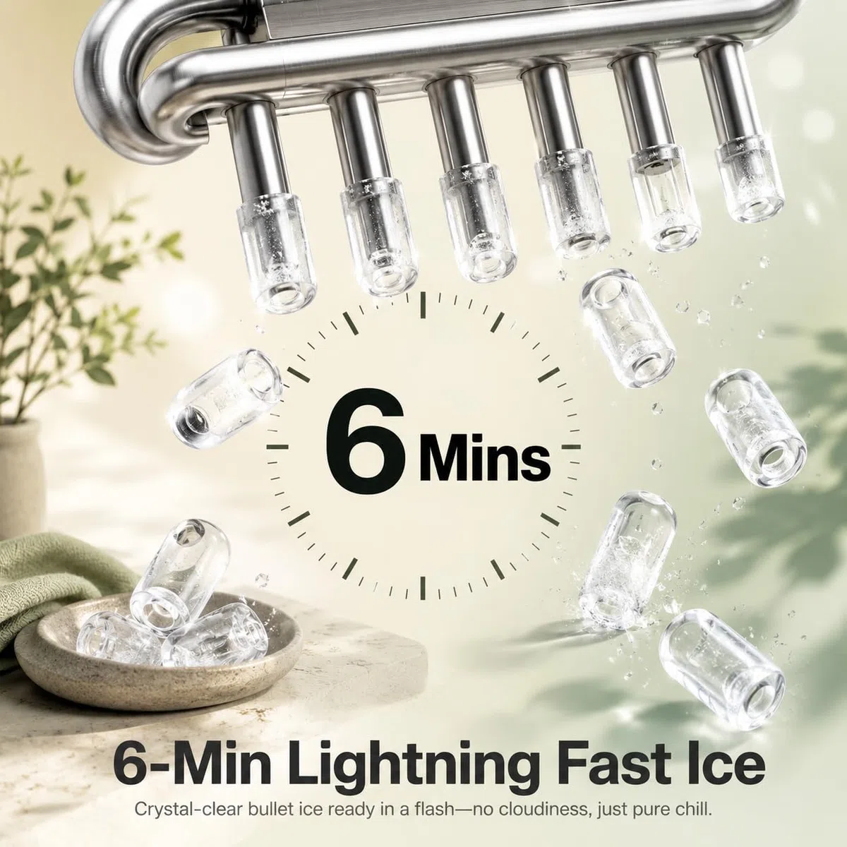 Máquina de Hielo de Bala Transparente, 9 Cubitos en 6-8 Min | Depósito 1,3L con hasta 63 cubitos, 2 tamaños ajustables y autolimpieza para hogar, oficina, camping y fiestas.