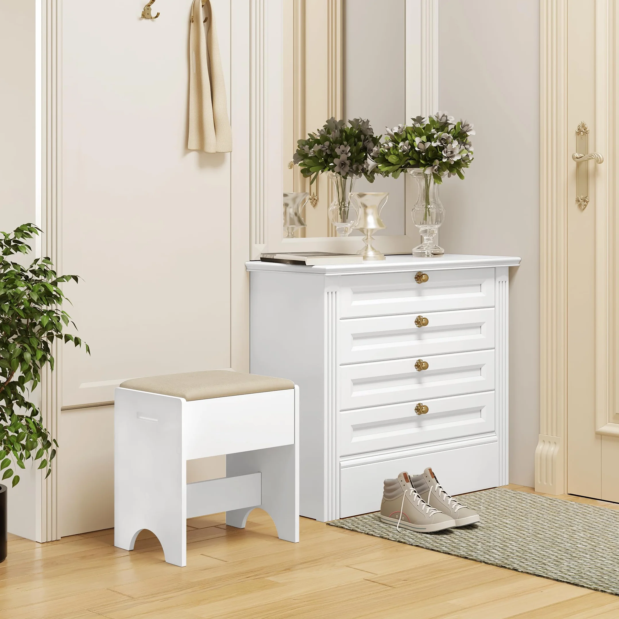 WOLTU Taburete Tocador, Taburete Maquillaje para Dormitorio, Silla Tocador con Asiento Tapizado en Lino Transpirable, Estructura MDF E1, 40x30x45cm, Beige+Blanco, MB6098be