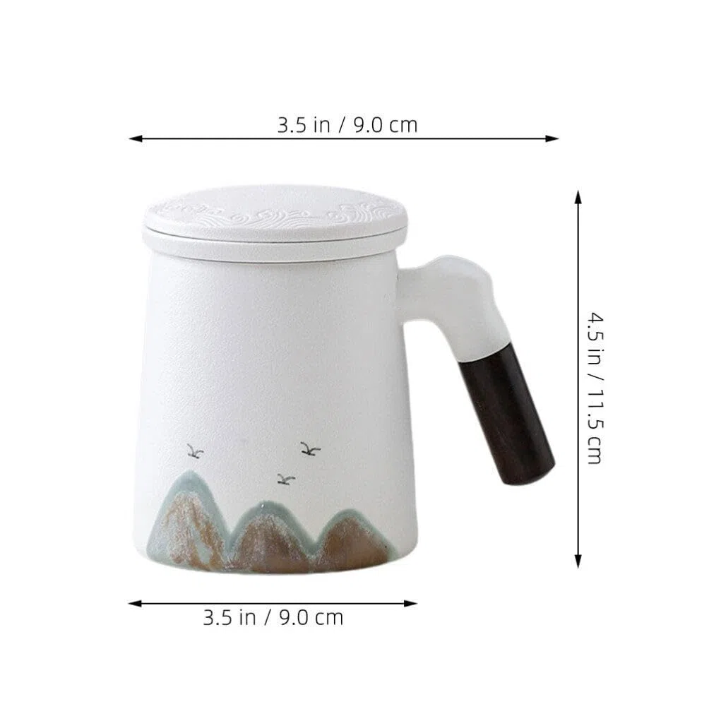 Taza de Cerámica con Infusor y Tapa para Infusiones de Té, Diseño Ligero y Mango de Madera, Adecuada para Uso en Escritorio y Aficionados al Té