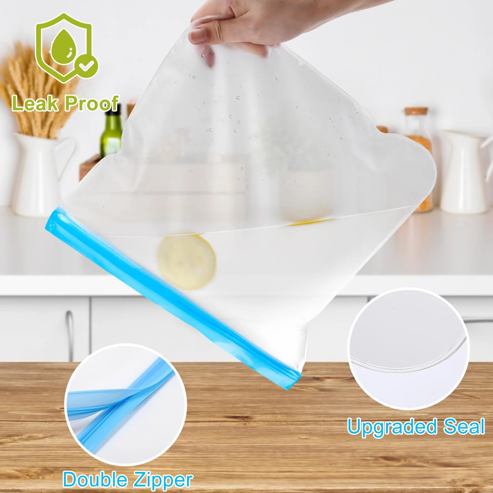 Lerine Paquete de 24 bolsas reutilizables aptas para lavavajillas, bolsas reutilizables a prueba de fugas, bolsas de almacenamiento de alimentos sin BPA para almuerzo, carne, verduras (6 galones, 9