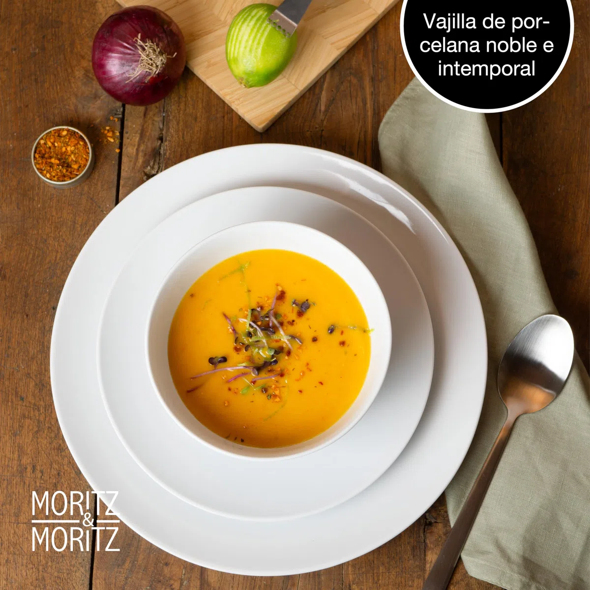 Moritz & Moritz BASIC Set da 18 pezzi - de Porcelana en Blanco Clásico - Compuesta por 6 Platos Llanos, 6 Platos de Postre y 6 Cuencos