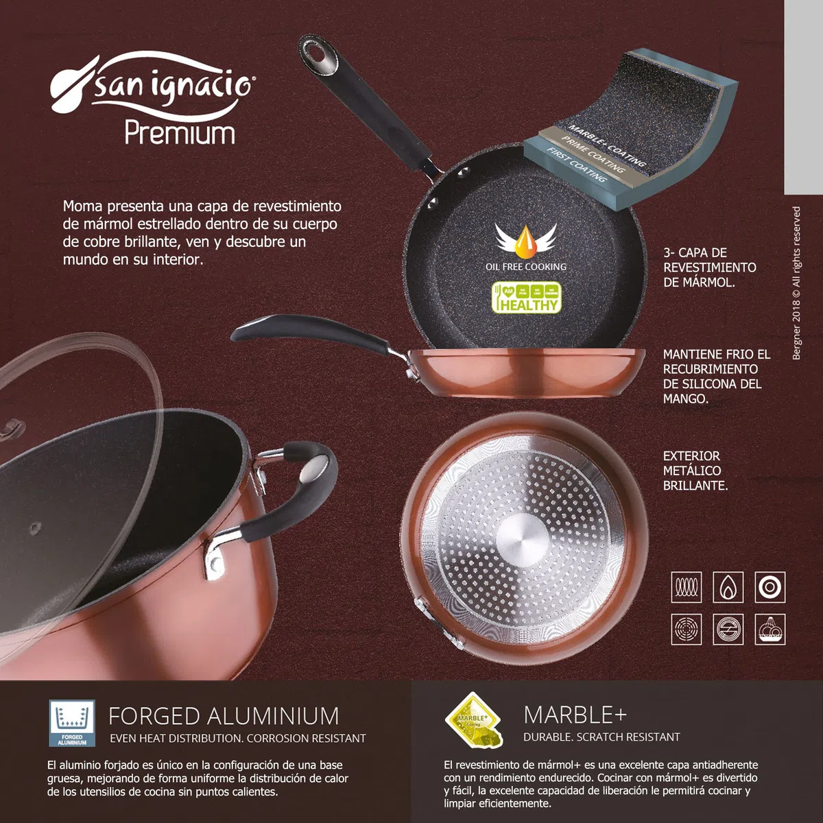 San Ignacio Bateria de cocina 8 piezas acero inoxidable, con juego de sartenes Premium (20 y 24 cm) en aluminio forjado, inducción